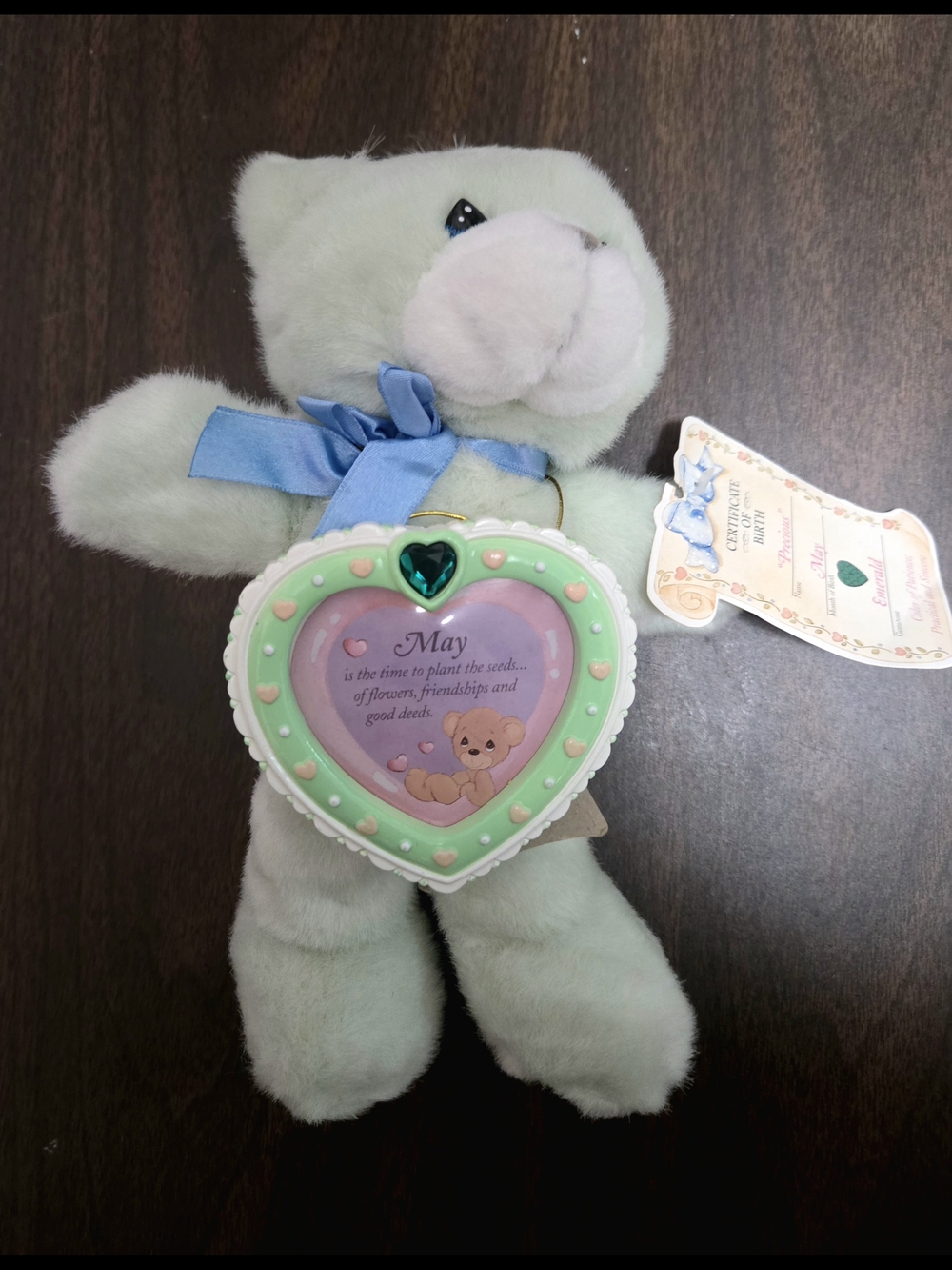 Vintage Enesco Precious Moments May Teddy Bear Plush Emerald Birthstone Heart 9”